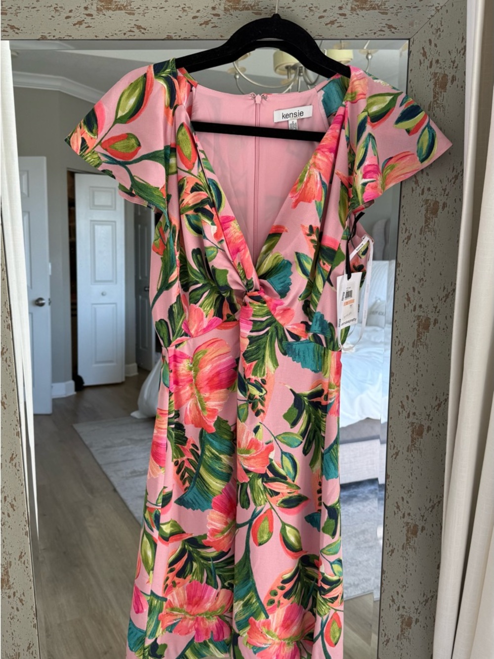 NWT Kensie Pink Tropical Floral Twist-Front Midi Dress with Green Accents